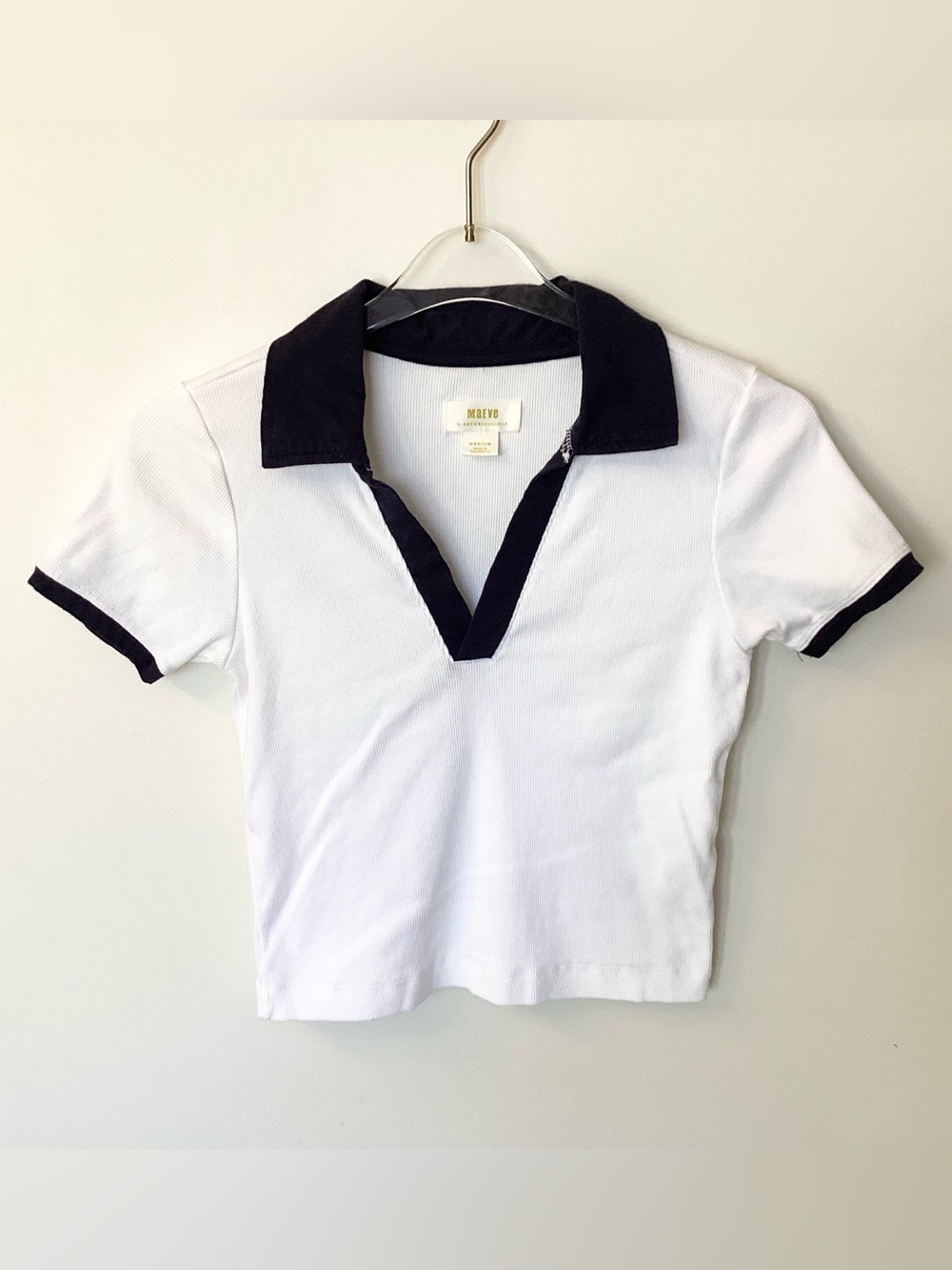 Anthropologie Short Sleeve Colorblock Polo Top by Maeve - White/Navy - M